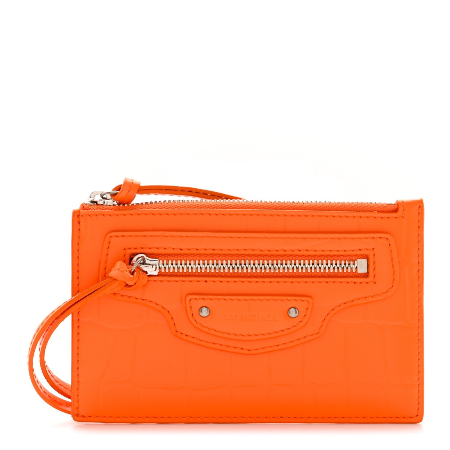 Balenciaga Semi Shiny Calfskin Crocodile Embossed Neo Classic Silver Hardware Long Coin Case Card Holder Orange