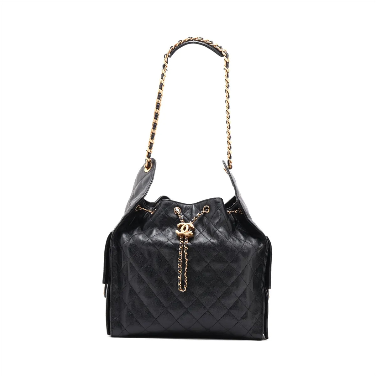 Chanel Chanel 25 Medium Caviar Skin Chain Shoulder Bag Black Gold Metal Fittings