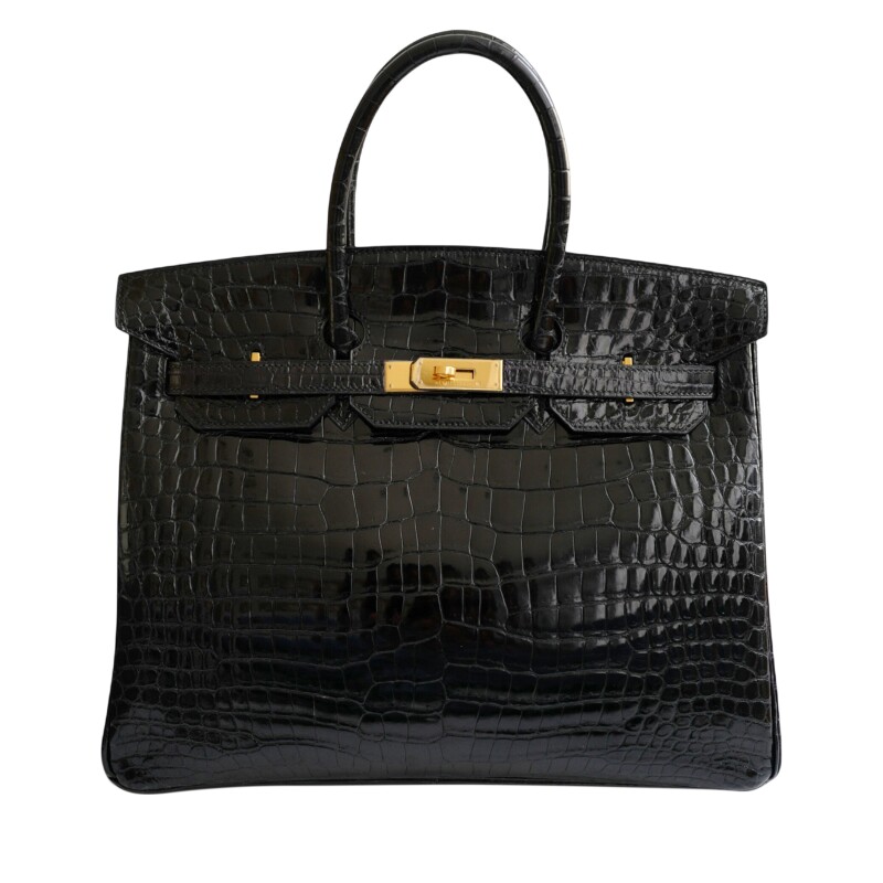 Hermes Vintage Black Shiny Porosus Crocodile Birkin 35 Gold Hardware, 2000