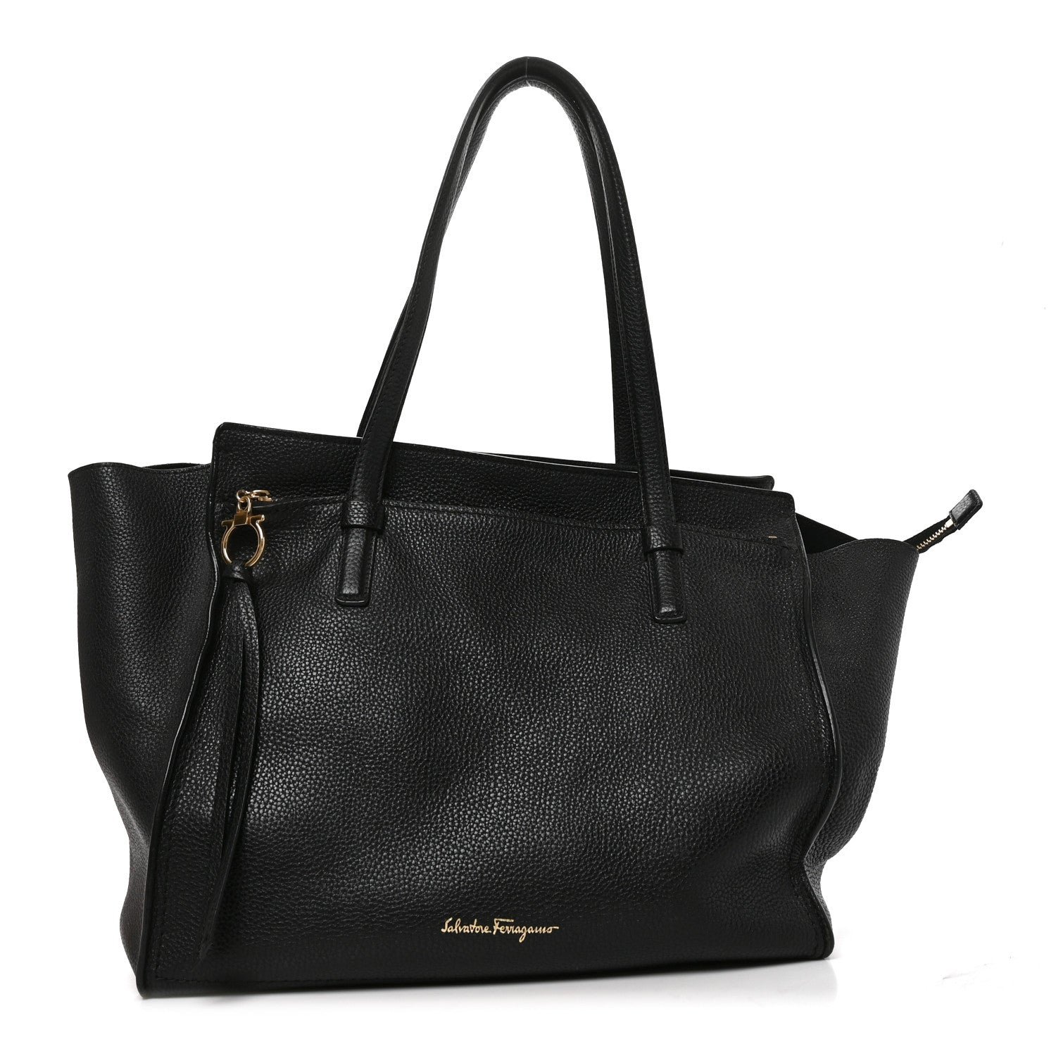 Ferragamo Hammered Calfskin Double Handle Medium Amy Tote Black