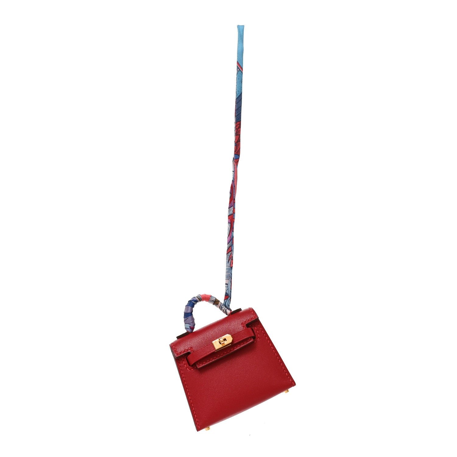 Hermes Tadelakt Mini Kelly Twilly Bag Charm Rouge Vif Bleu Jean Rose Extreme