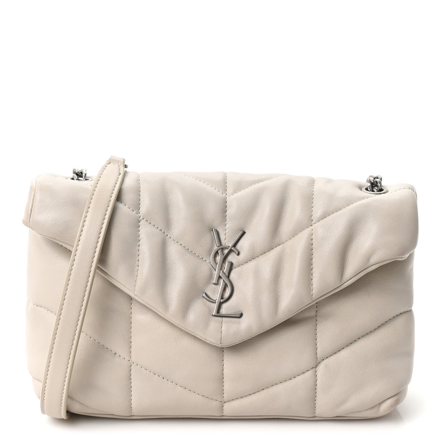 Saint Laurent Lambskin Quilted Toy Loulou Puffer Monogram Chain Satchel Crema Soft
