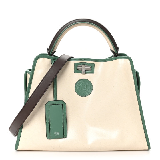 Fendi Vitello Seta Century Nappa Canvas Medium Peekaboo Iconic Defender Satchel Moresco Verde Islanda