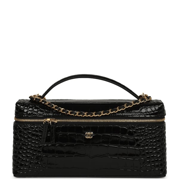 Chanel Large East West Top Handle Long Vanity Case with Chain Black Croc Embossed Calfskin Gold Hardware