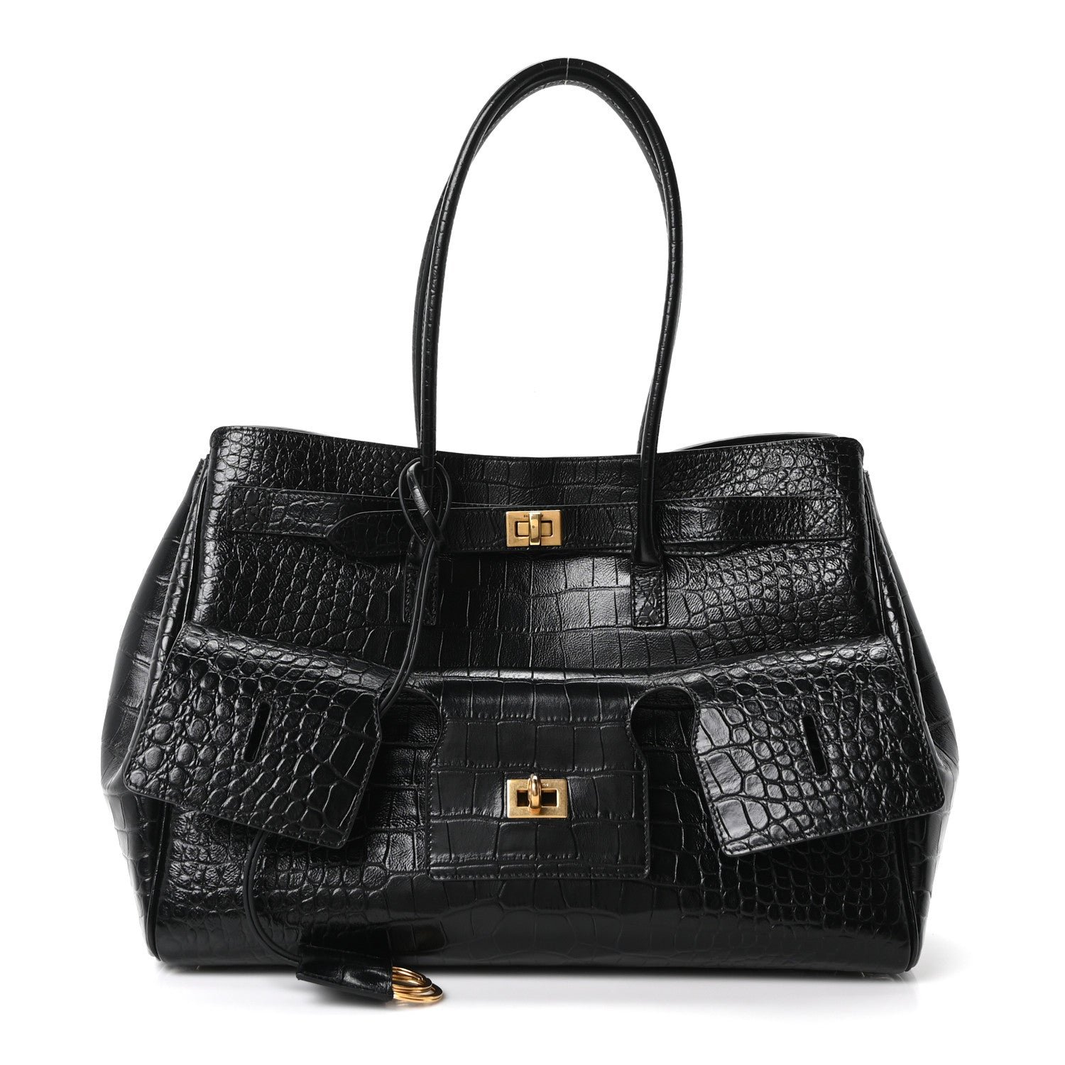 Balenciaga Crocodile Embossed Calfskin Medium Bel Air Carry All Bag Black