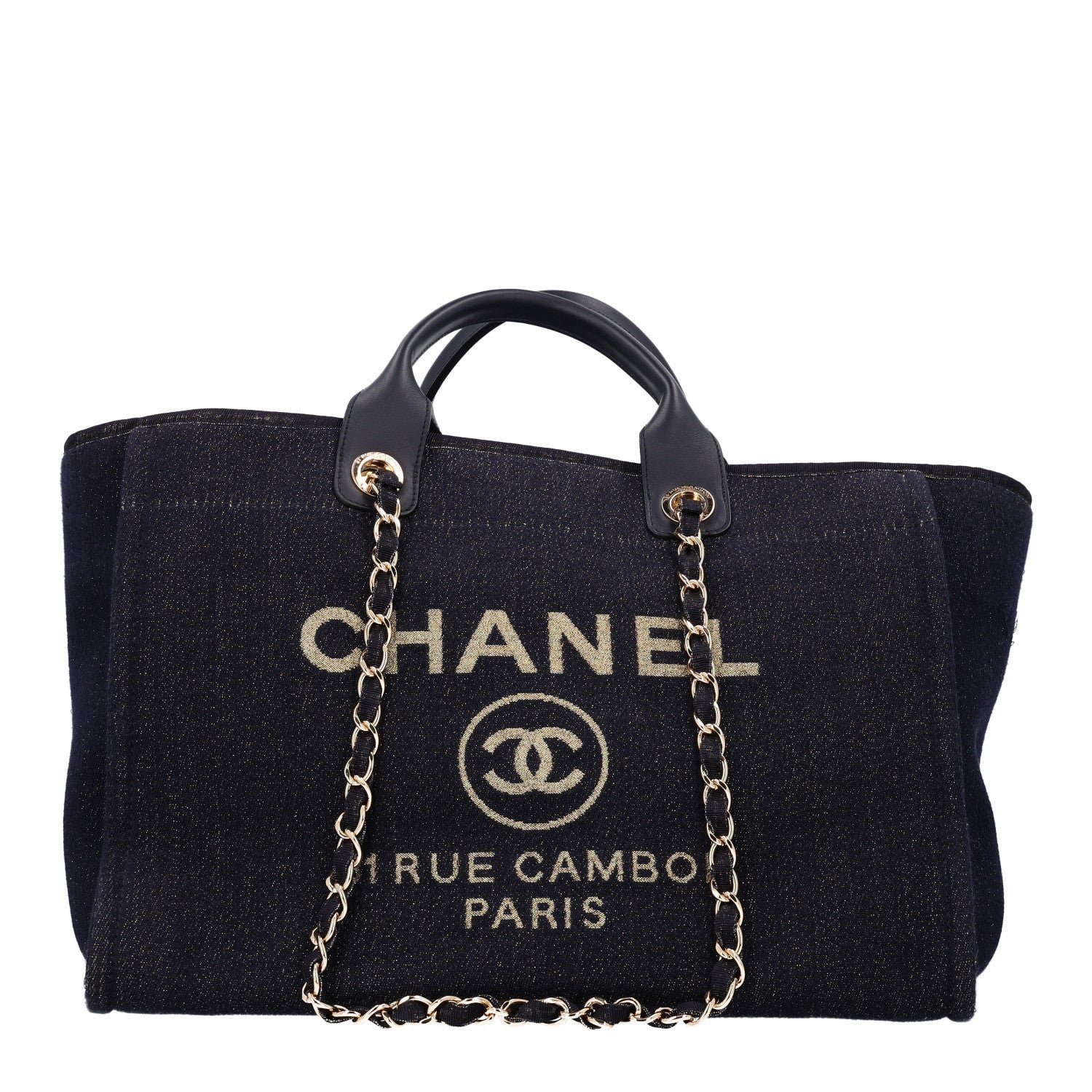 Chanel Lurex Canvas Medium Deauville Tote Navy Blue Gold