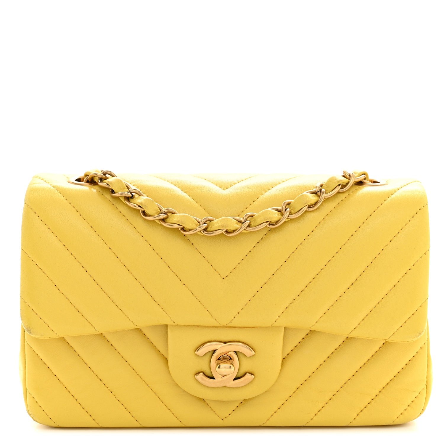 Chanel Lambskin Chevron Quilted Mini Rectangular Flap Yellow