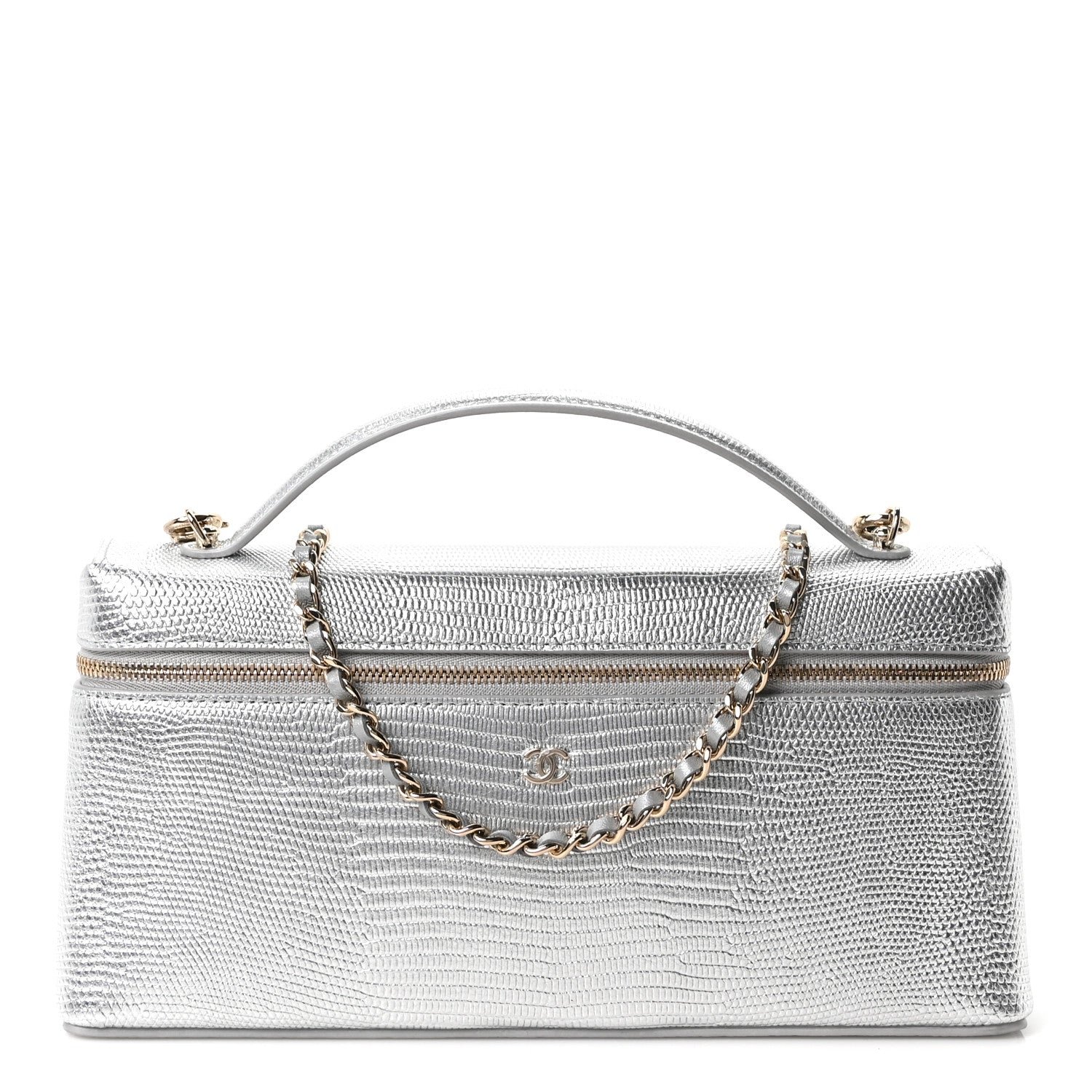 Chanel Lizard Embossed Top Handle Slim Vanity With Chain Silver
