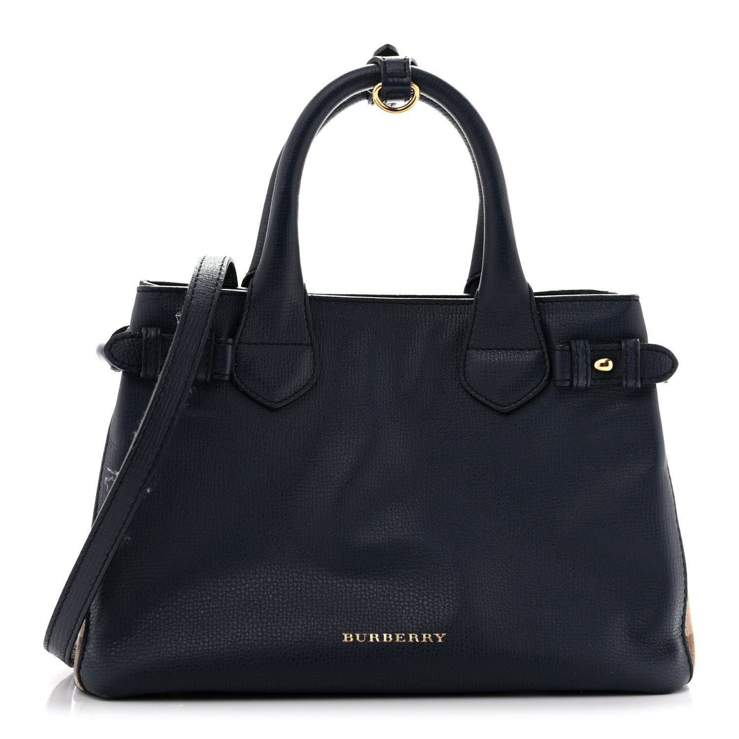 Burberry Grainy Calfskin House Check Small Banner Tote Ink Blue