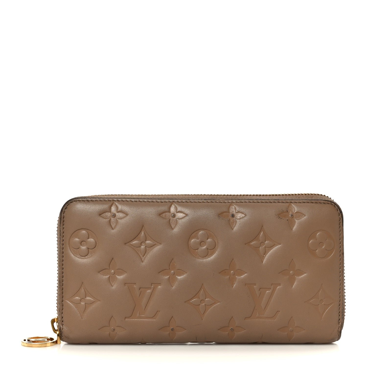 Louis Vuitton Lambskin Embossed Monogram Coussin Zippy Wallet Taupe
