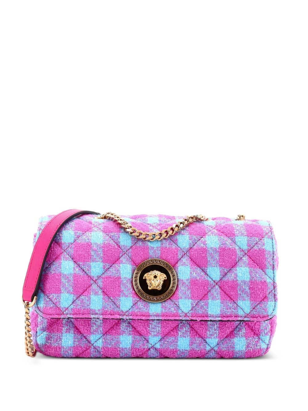 Medusa Icon Chain Flap Bag Quilted Tweed East West shoulder bag