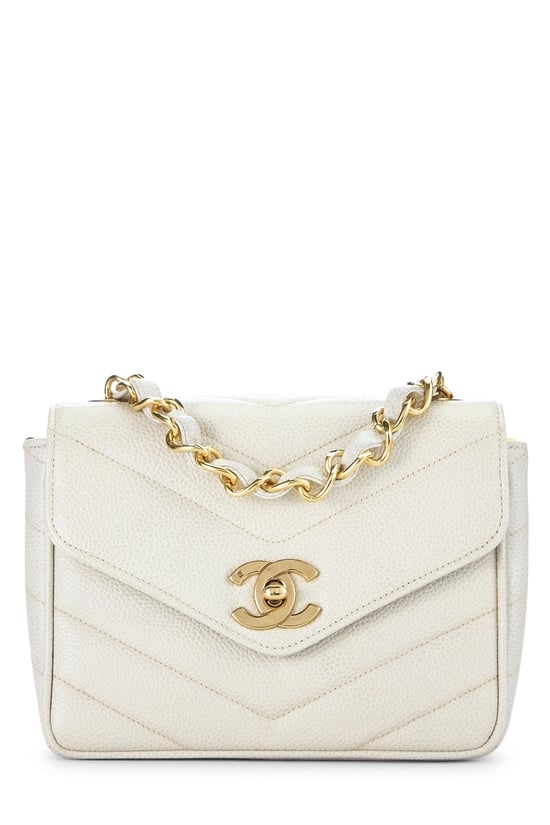 Beige Quilted Caviar Chevron Envelope Mini