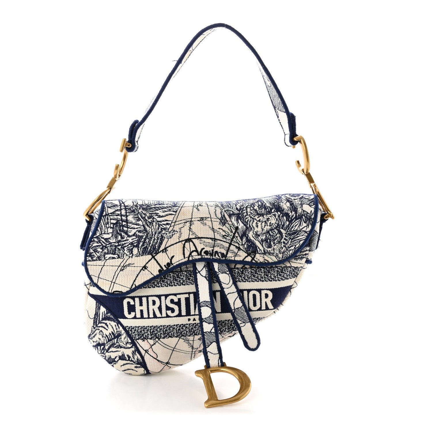 Christian Dior Canvas Embroidered Around the World Saddle Bag Blue
