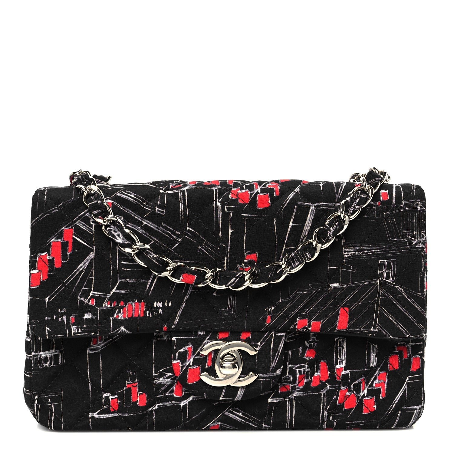 Chanel Fabric Printed Paris Rooftops Quilted Mini Rectangular Flap Black Red White