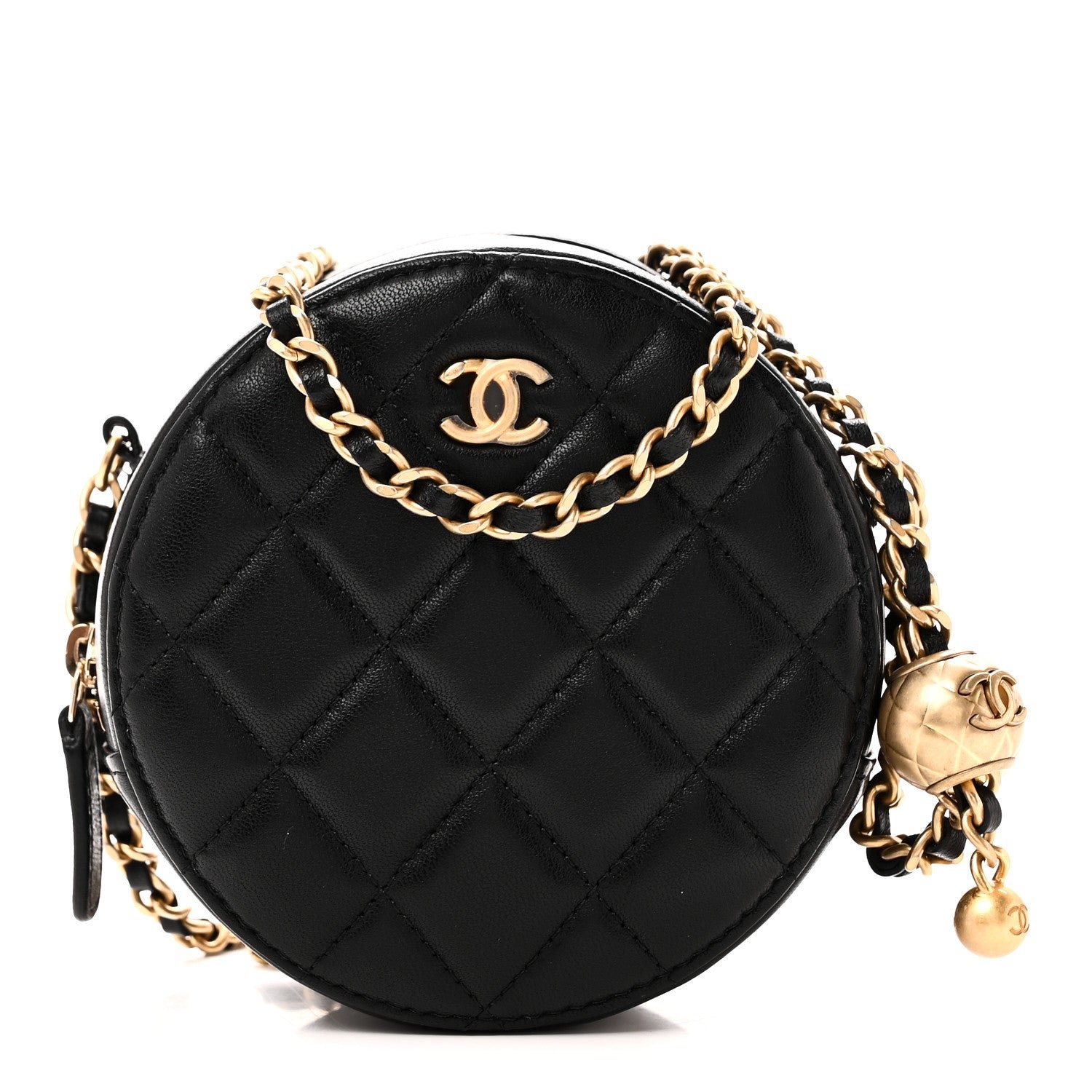 Chanel Lambskin Quilted Round Pearl Crush Clutch With Chain Black