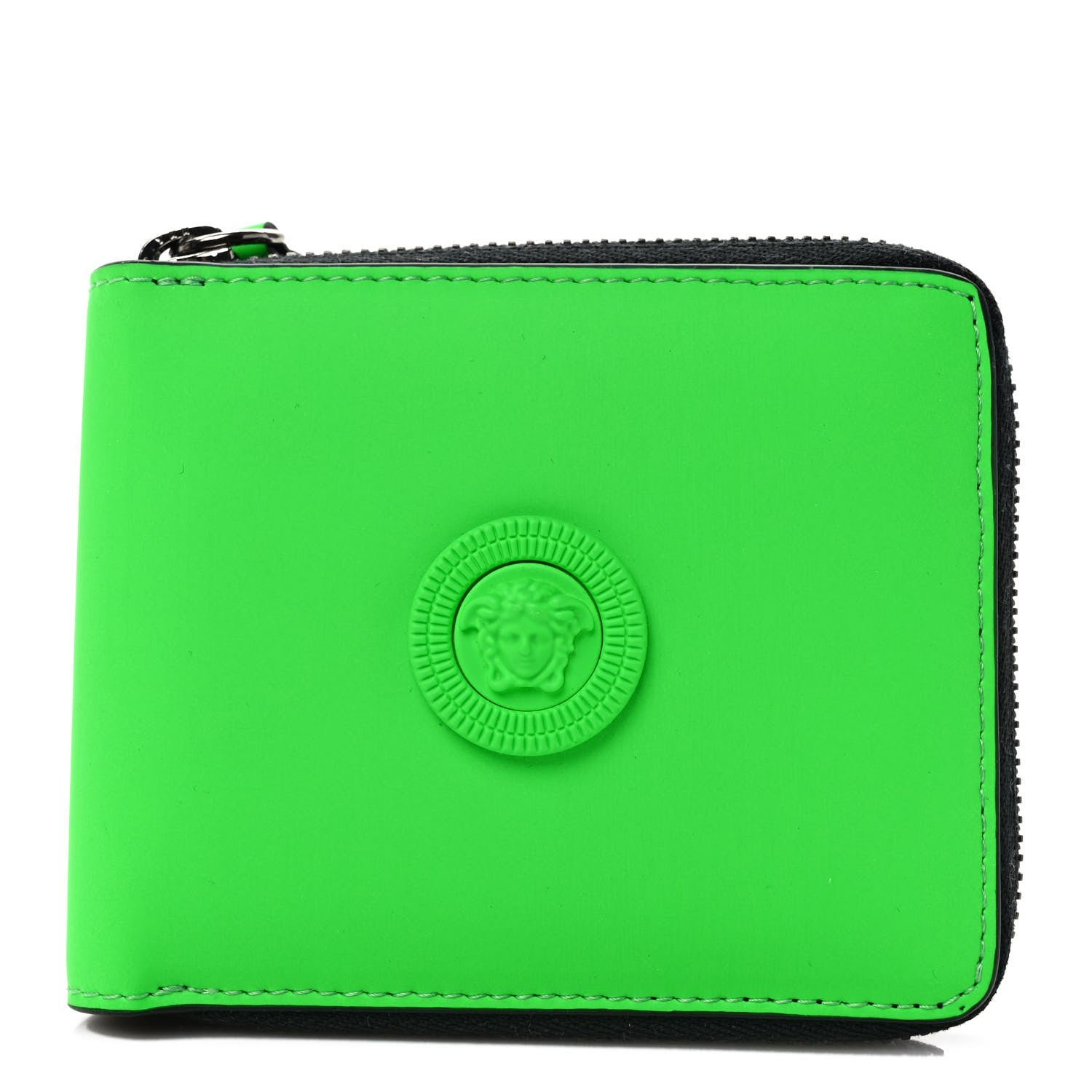 Versace Calfskin Rubber Medusa Biggie Bifold Compact Zip Around Wallet Lime