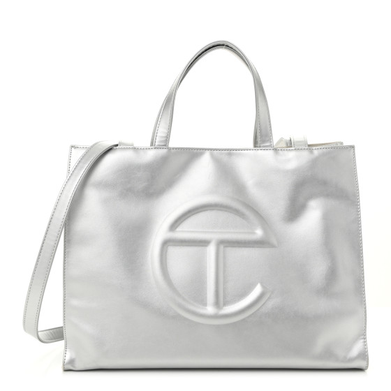 Telfar Metallic Vegan Leather Medium Shopping Bag Silver