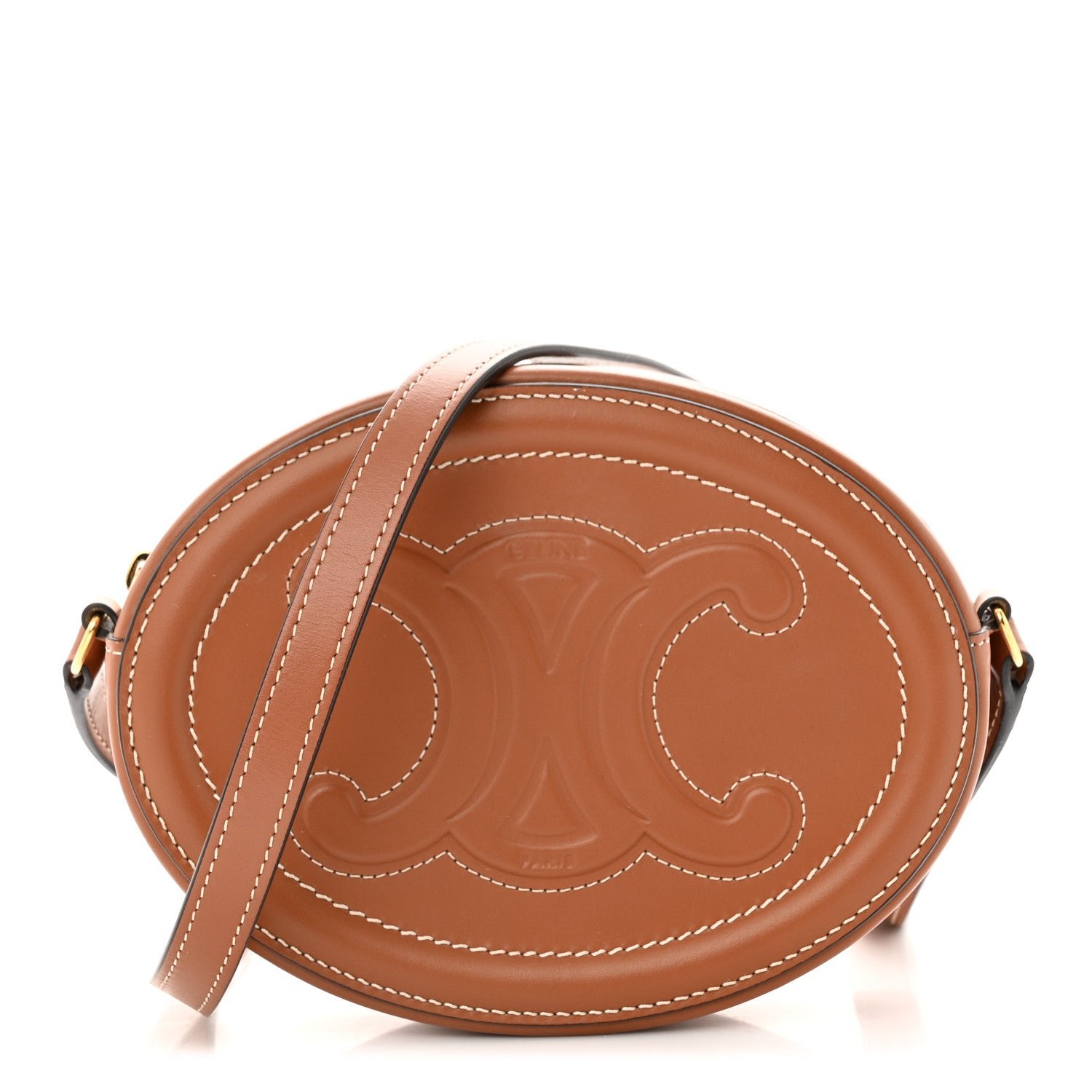 Celine Smooth Calfskin Cuir Small Triomphe Oval Crossbody Purse Tan