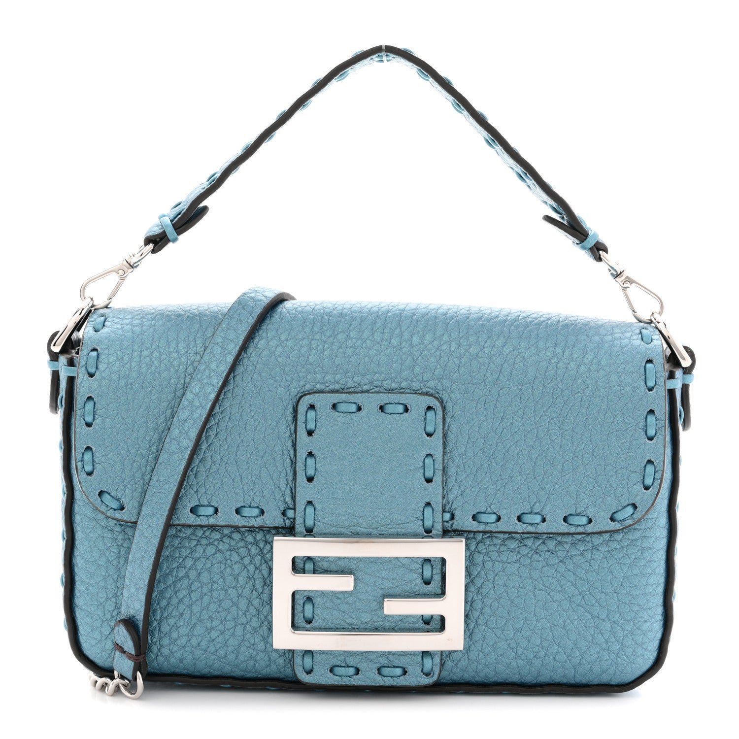 Fendi Metallic Cuoio Roma Sellerissima Nappa Sintetica Tape Stitch Mini Baguette Placca Argento