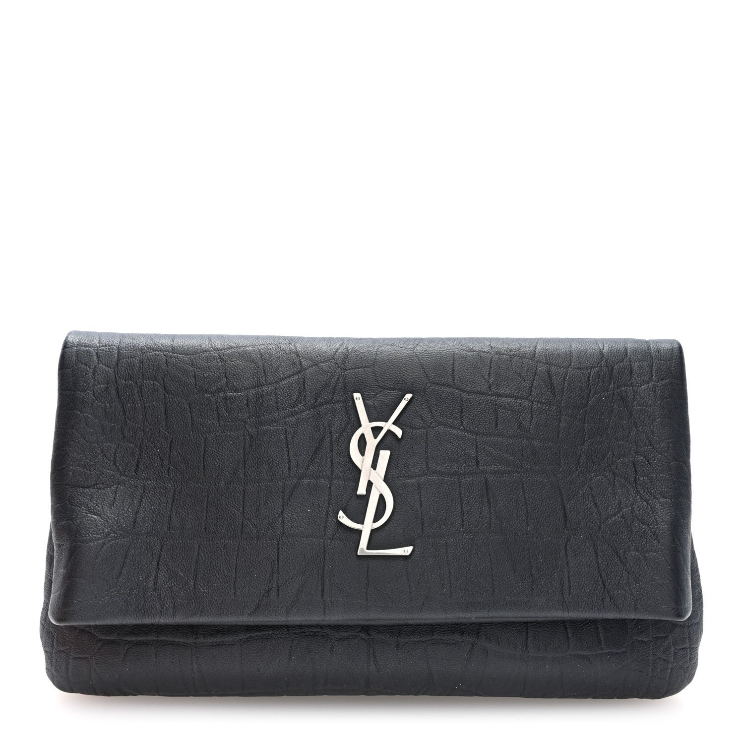 Saint Laurent Calfskin Crocodile Embossed West Hollywood Monogram Fold Over Clutch Black