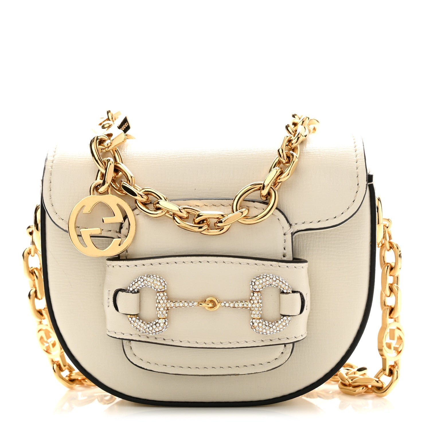 Gucci Azalea Calfskin Crystal GG Monogram Mini Horsebit 1955 Waist Bag Mystic White