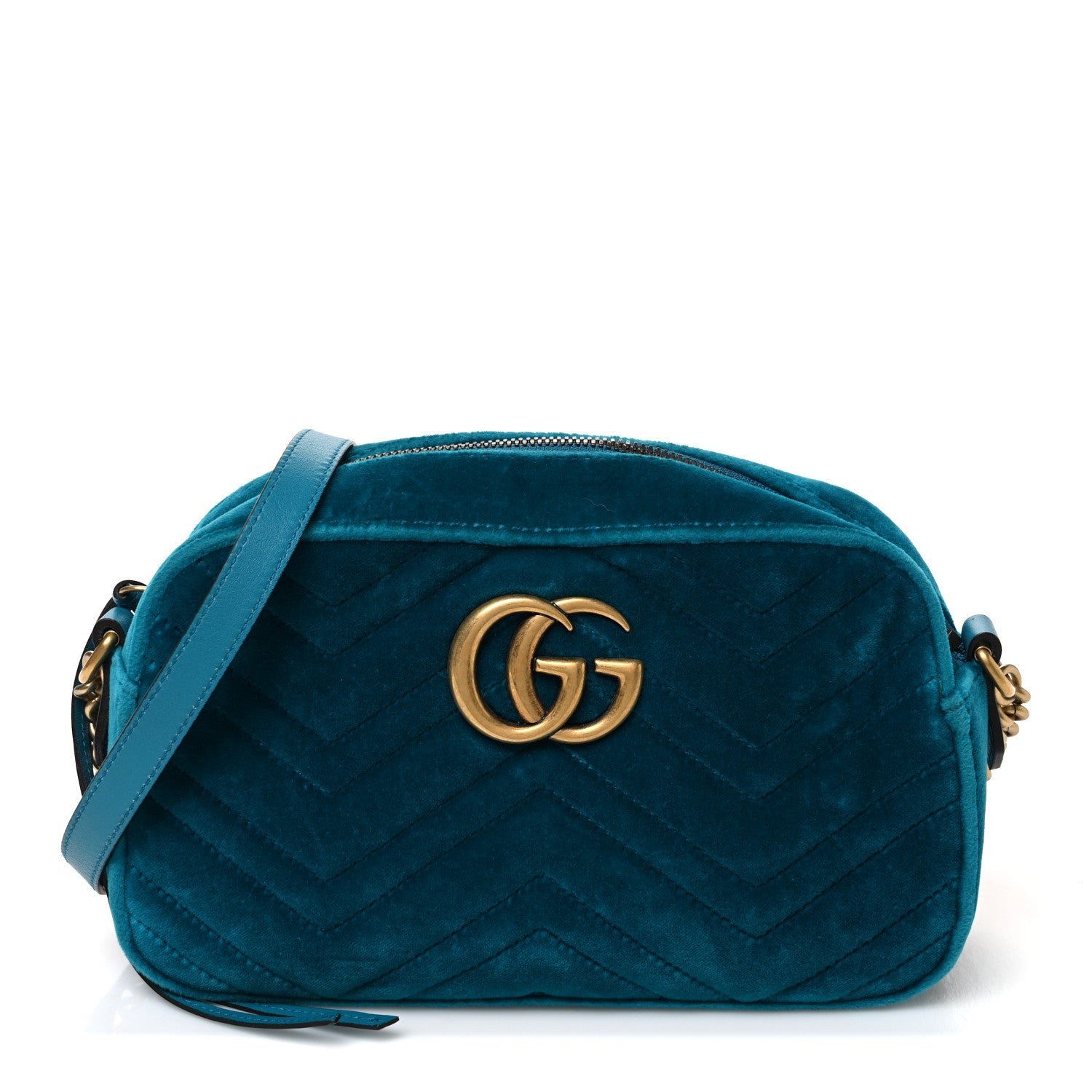 Gucci Velvet Matelasse Small GG Marmont Chain Shoulder Bag Pavone Cyan