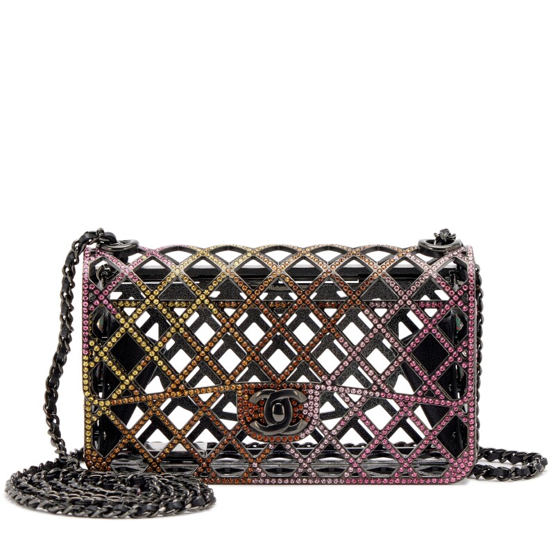 Multicolor Strass Crystal and Black Ruthenium Quilted Cage Mini Evening Bag Black Hardware, 2024