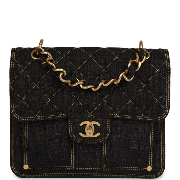 Chanel Chanel Double You Flap Backpack Black Denim Antique Gold Hardware