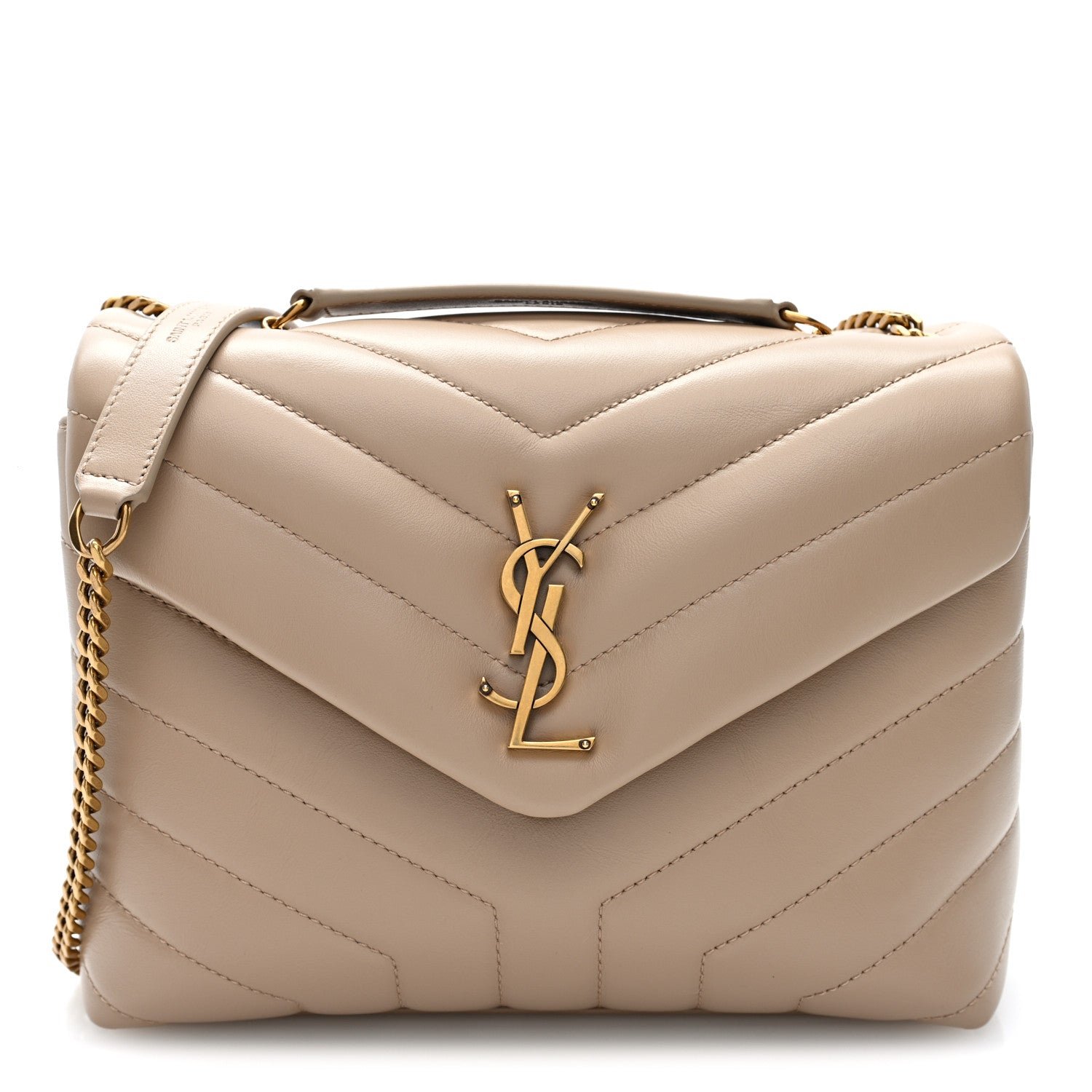 Saint Laurent Calfskin Y Quilted Monogram Small Loulou Chain Satchel Dark Beige