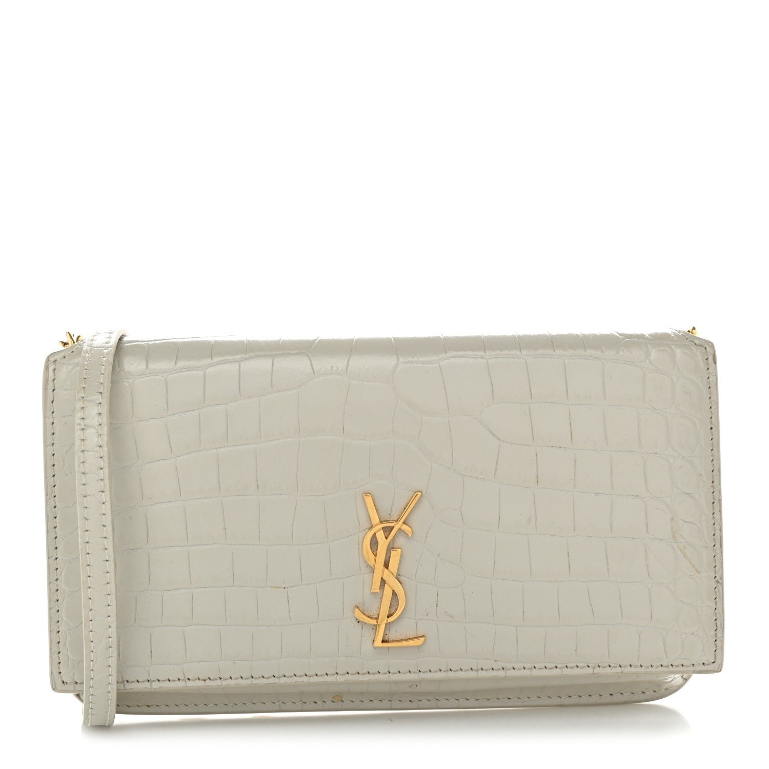 Saint Laurent Crocodile Embossed Monogram Phone Holder Crossbody Crema Soft