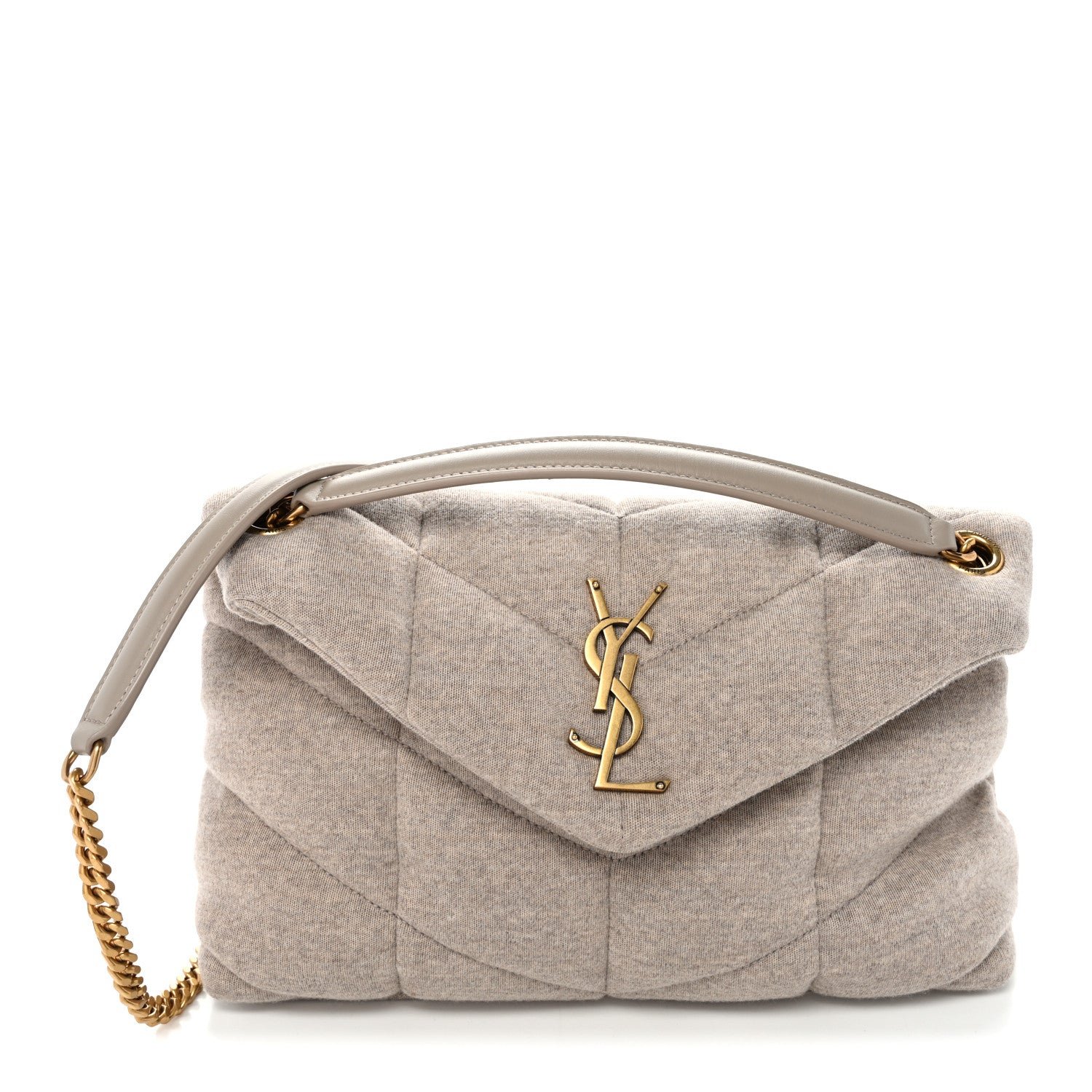 Saint Laurent Jersey Quilted Small Loulou Puffer Monogram Chain Satchel Chalk Beige