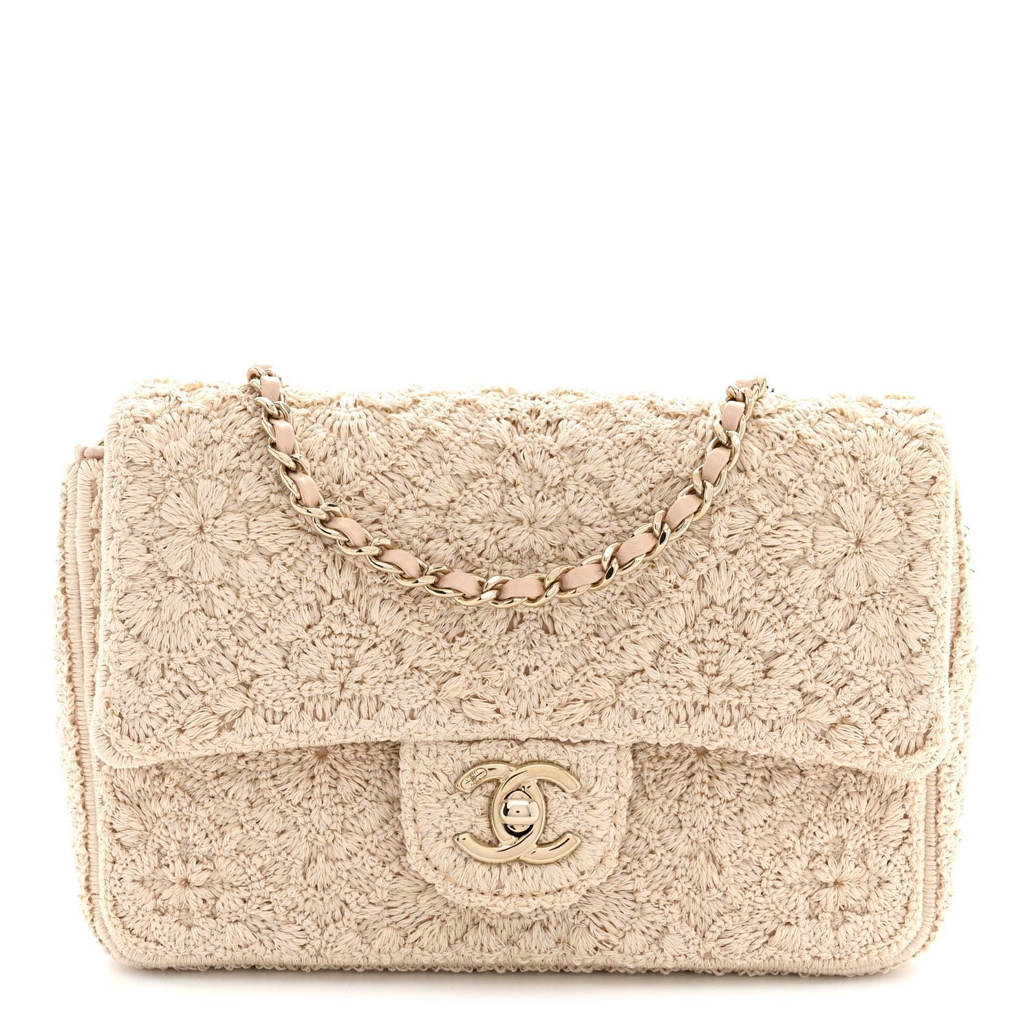 Chanel Crochet Embroidered Camelia Mini Rectangular Flap Ecru