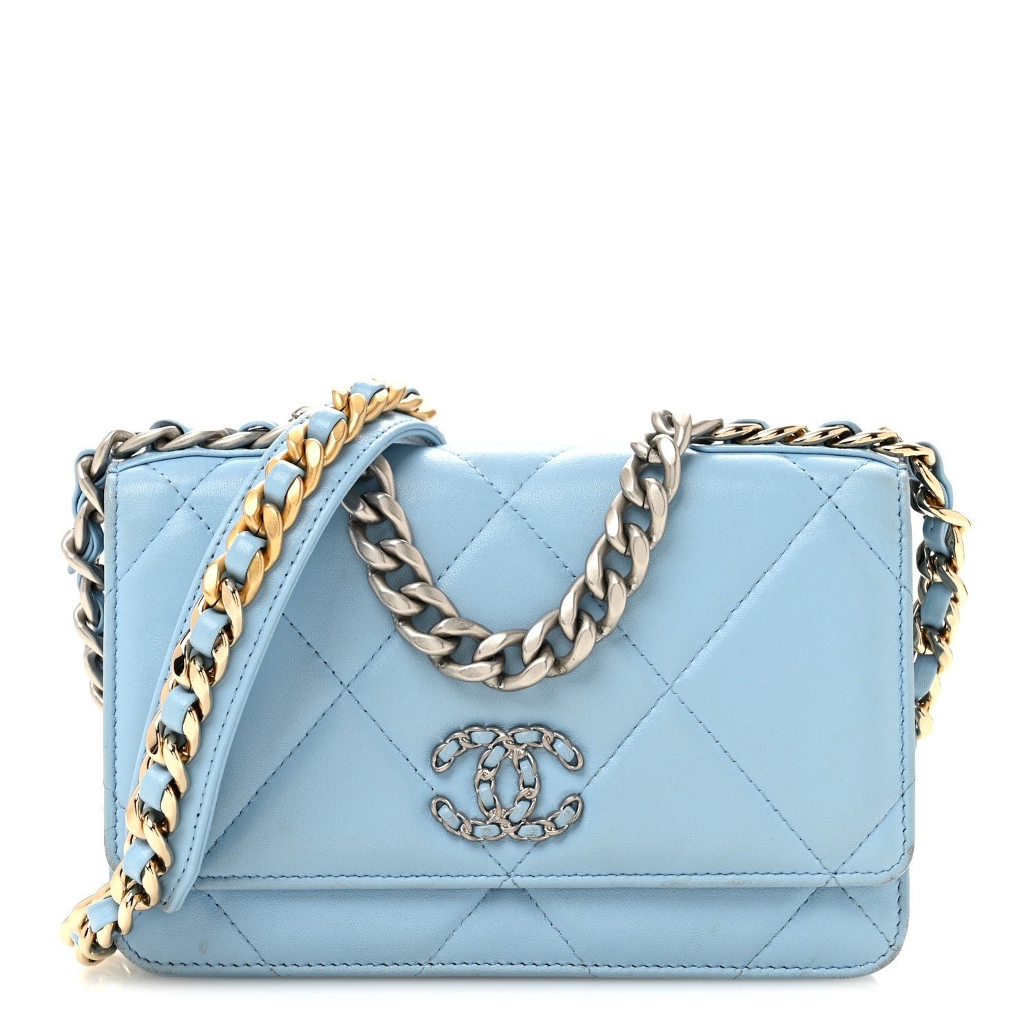 Chanel Lambskin Quilted Chanel 19 Wallet On Chain WOC Light Blue