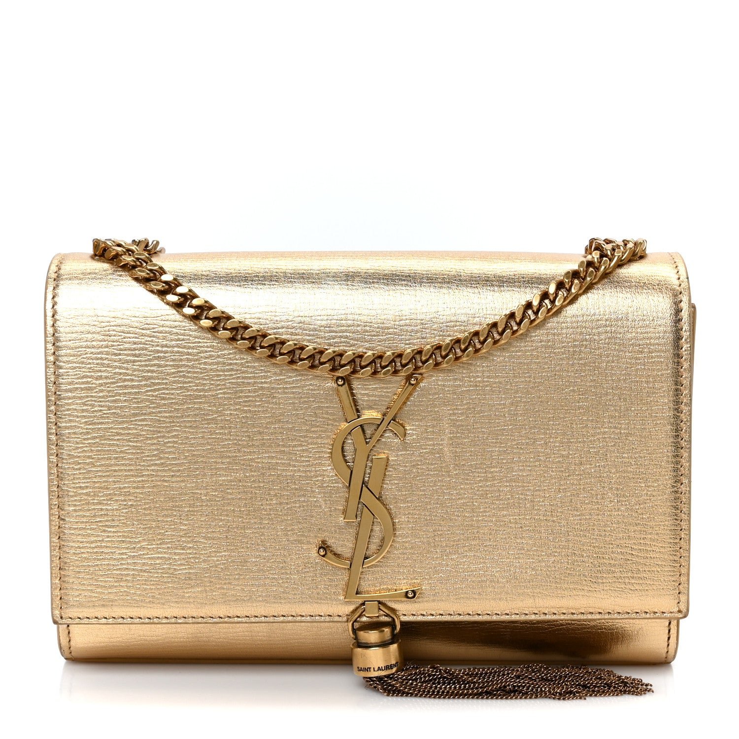 Saint Laurent Metallic Calfskin Small Classic Monogram Kate Tassel Satchel Gold