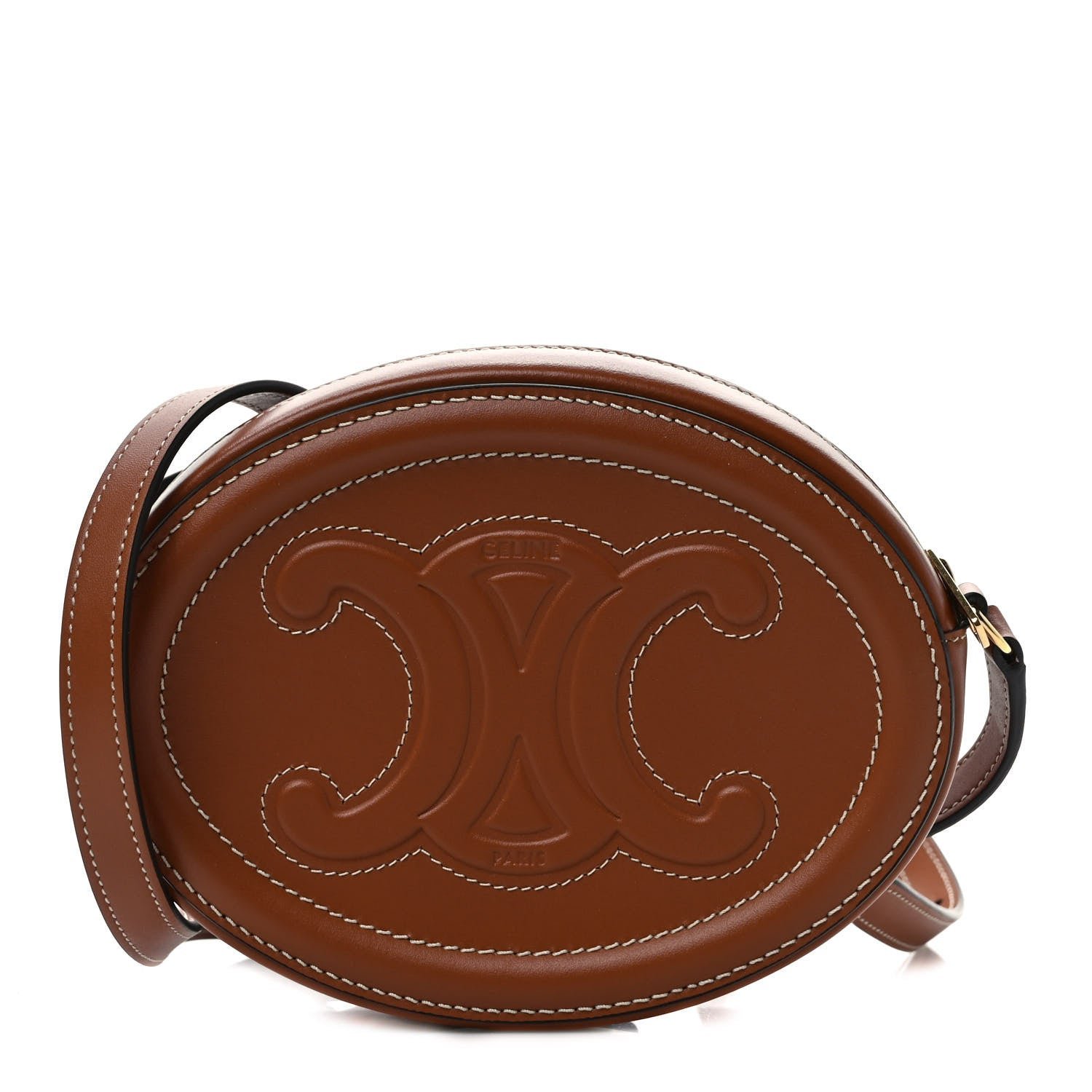 Celine Smooth Calfskin Cuir Small Triomphe Oval Crossbody Purse Tan