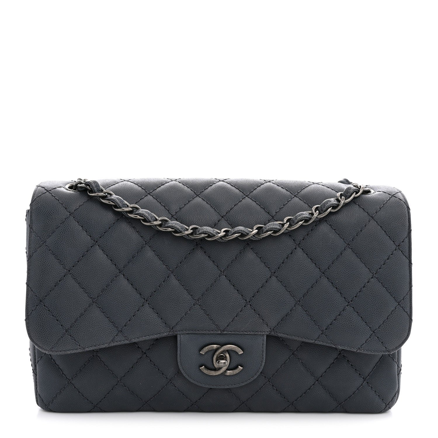 Chanel Washed Caviar Quilted Jumbo Double Flap Dark Grey