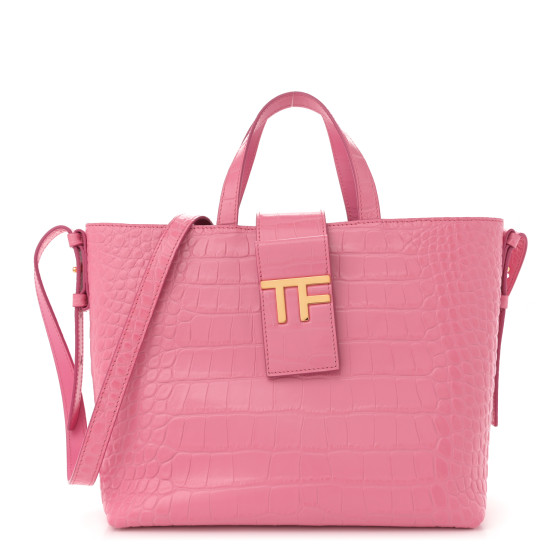 Tom Ford Calfskin Crocodile Embossed Mini TF East West Tote Rose Bloom