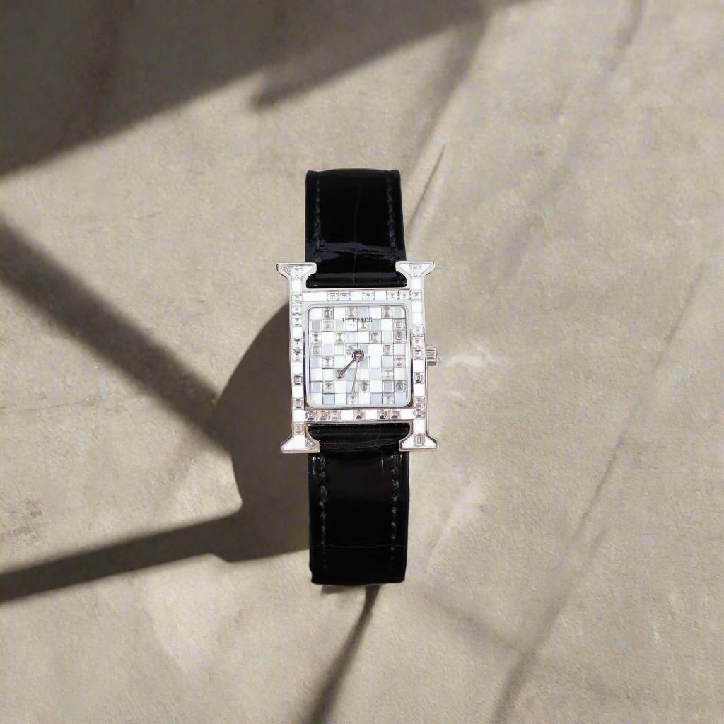 Hermes Hermès Heure H 25mm High Jewelry "Mosaïque" White Gold & Baguette Diamond Watch<