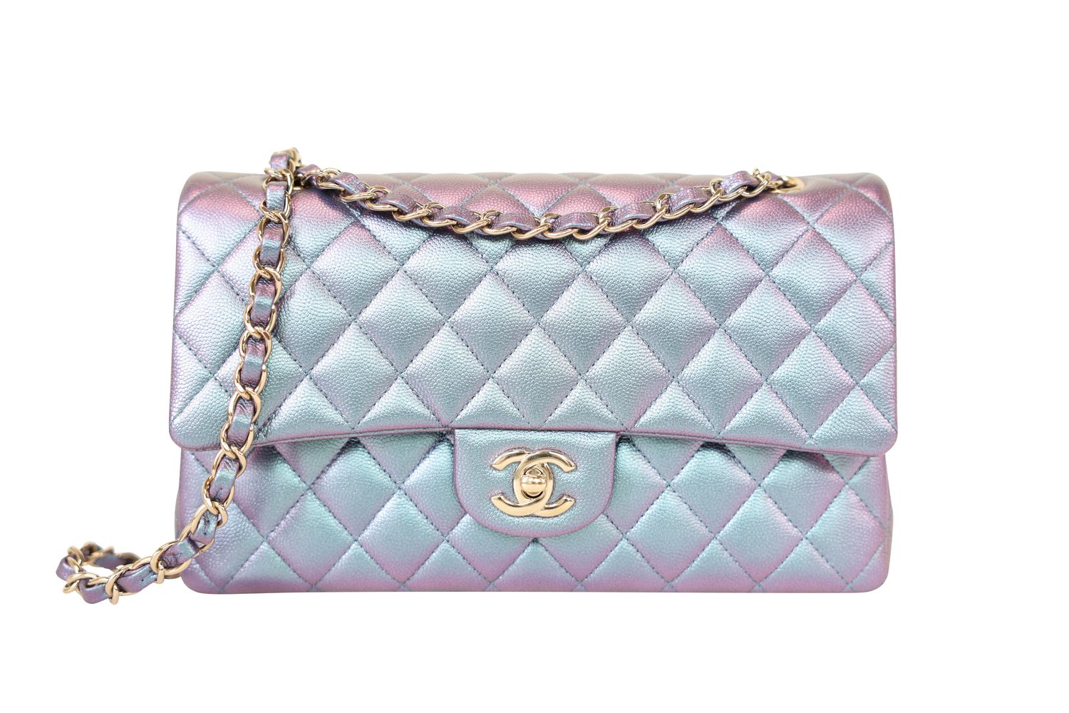 Chanel Classic Medium Bag, Blue Purple Iridescent Quilted Caviar and Gold Hardware, Preowned in Box WA001