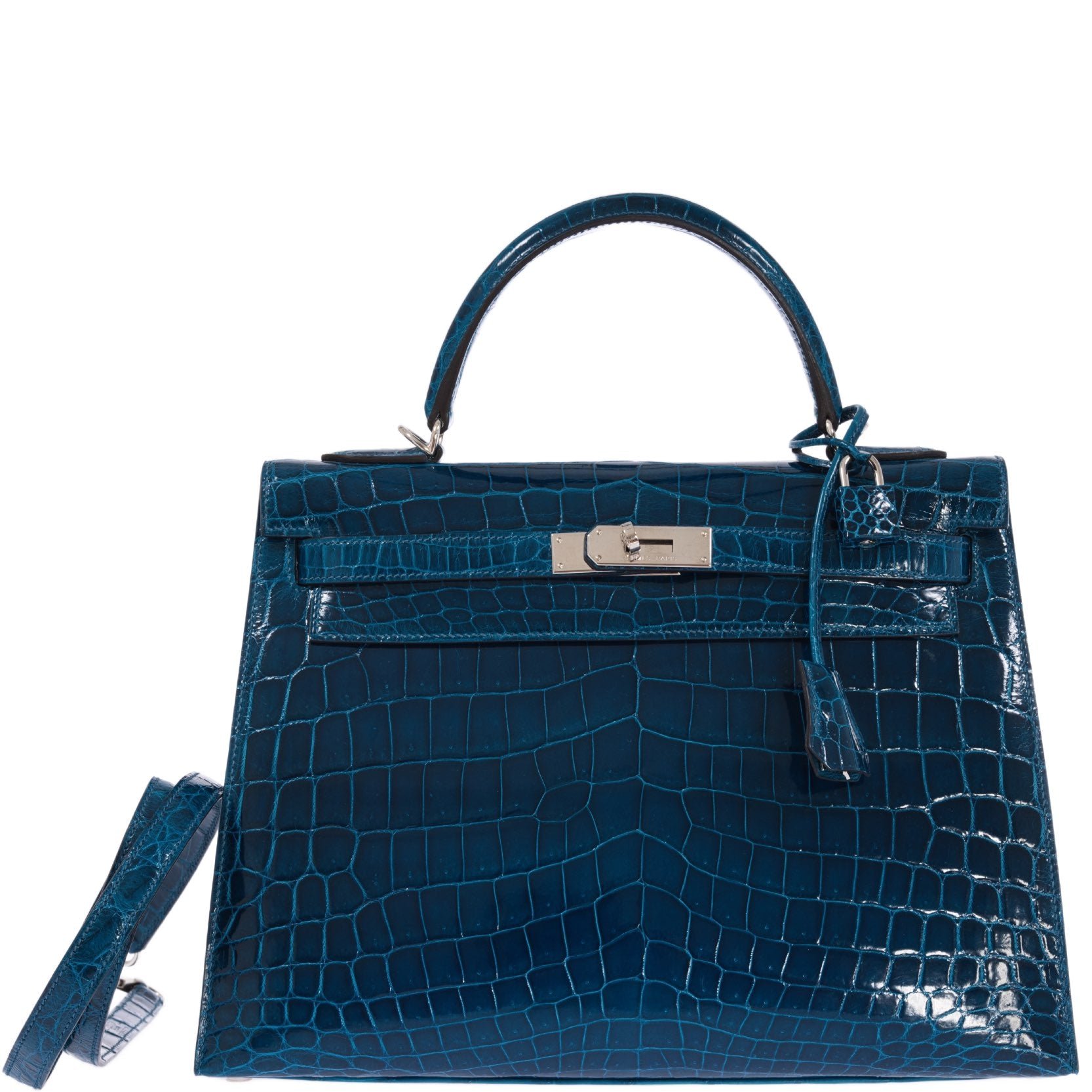 Hermes Hermès Kelly 32 Sellier Blue Colvert Shiny Niloticus Crocodile Palladium Hardware
