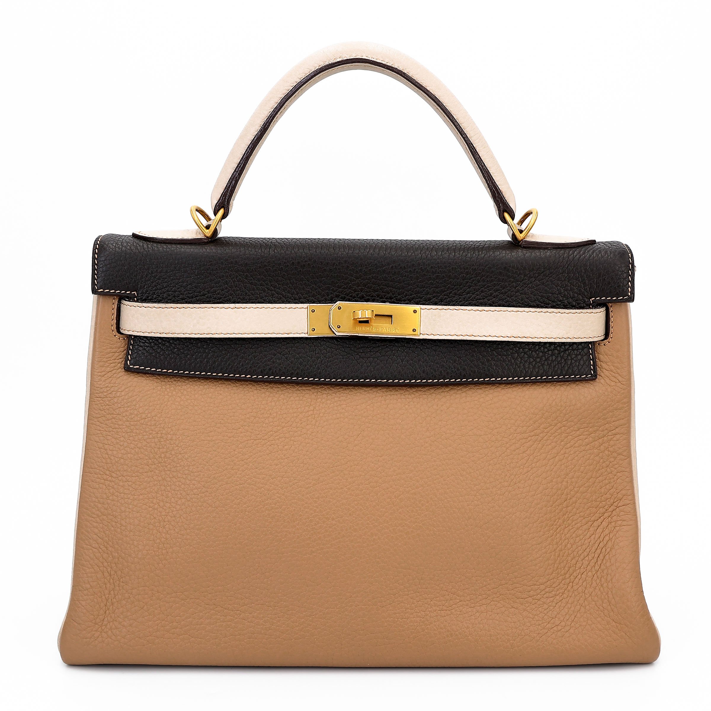 Very Good ( Rank A) HERMÈS Kelly 32 Tabac Camel (24) Clemence Brushed Gold hardware Square G (2003)