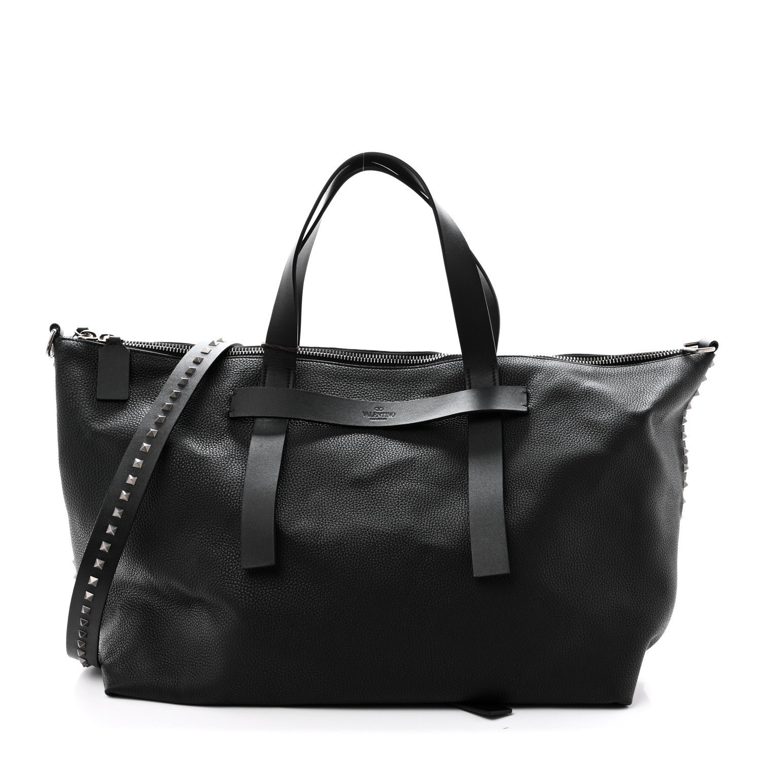 Valentino Garavani Grained Calfskin Rockstud Travel Tote Bag Black