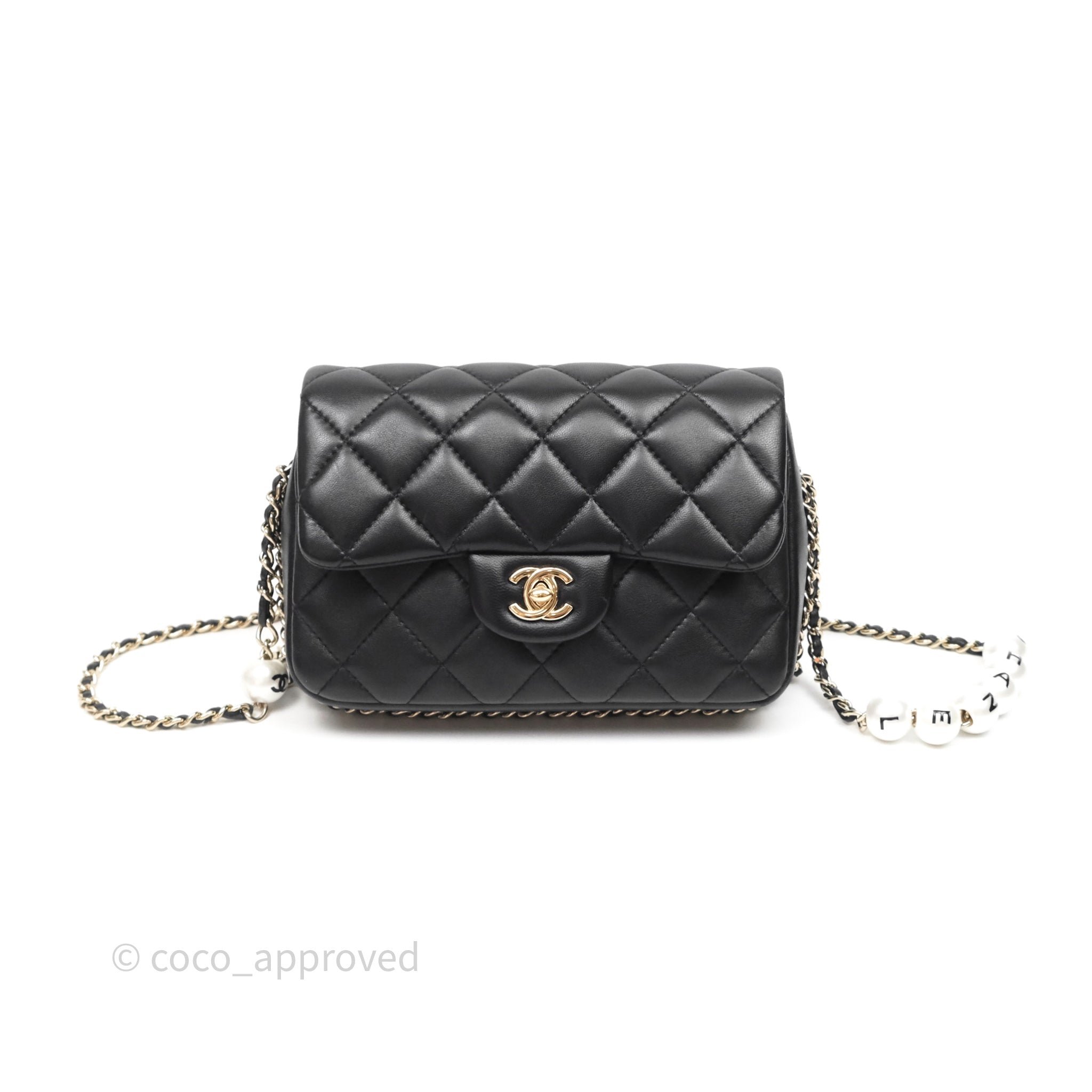Chanel Logo Pearl Chain Flap Bag Black Lambskin Gold Hardware