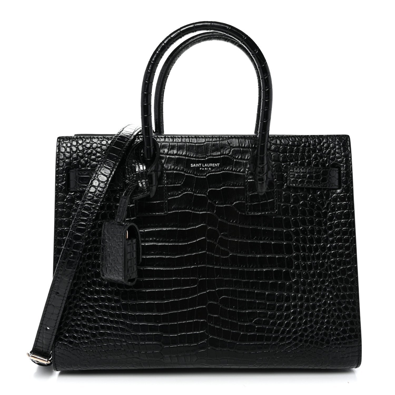 Saint Laurent Calfskin Crocodile Embossed Baby Sac De Jour Black