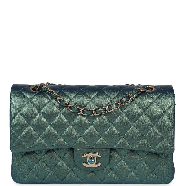 Chanel Medium Classic Double Flap Bag Green Iridescent Caviar Light Gold Hardware