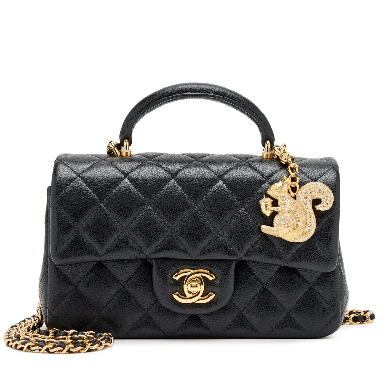 Black Quilted Grained Calfskin Mini Flap Bag with Top Handle and Crystal Strass Squirrel Charm Light Gold Hardware, 2026
