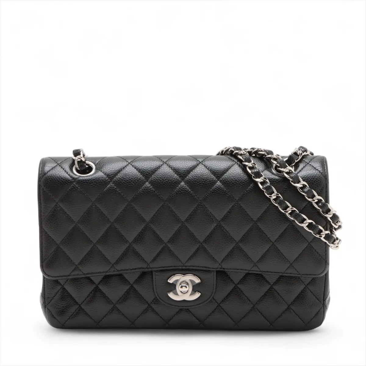 Chanel Matelasse 25 Caviar Skin Double Flap Double Chain Bag Black Silver Metal