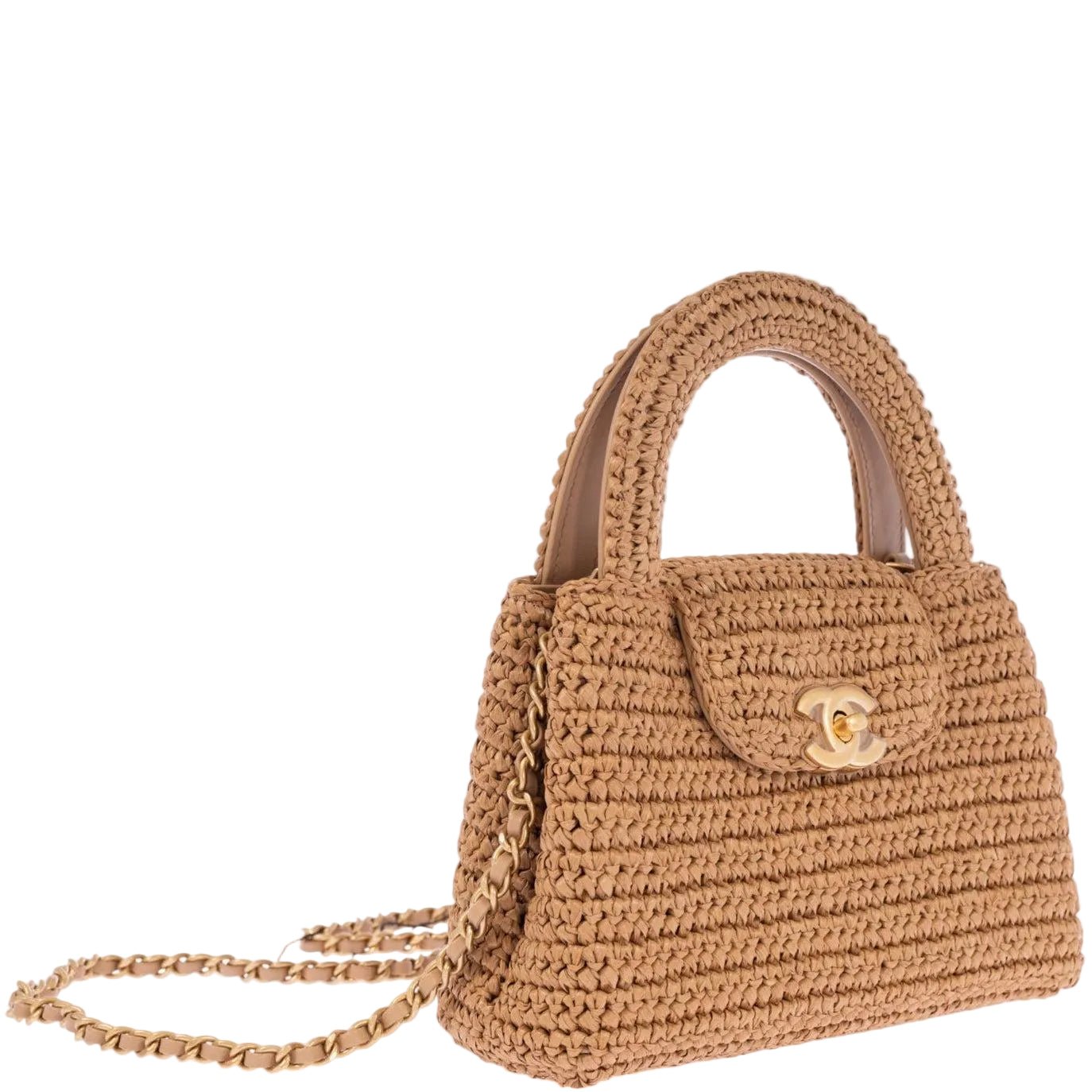 Chanel Chanel Small Shopping Bag Dark Beige Braided Raffia Gold Hardware