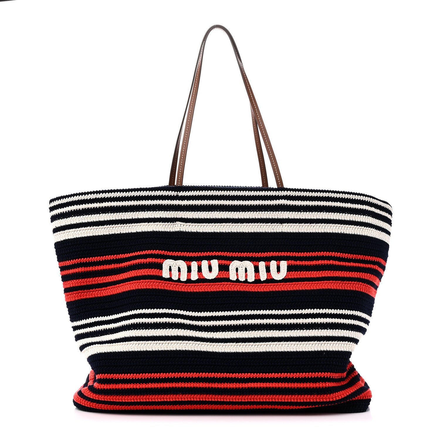 Miu Miu Fabric Crochet Striped Tote Bag Blue Red White