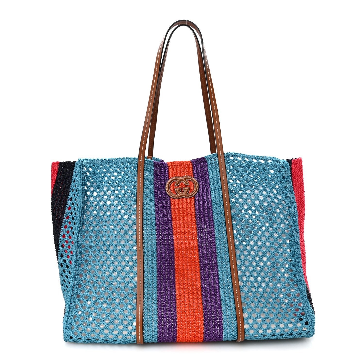 Gucci Raffia Web Woven Interlocking G Tote Blue Multicolor